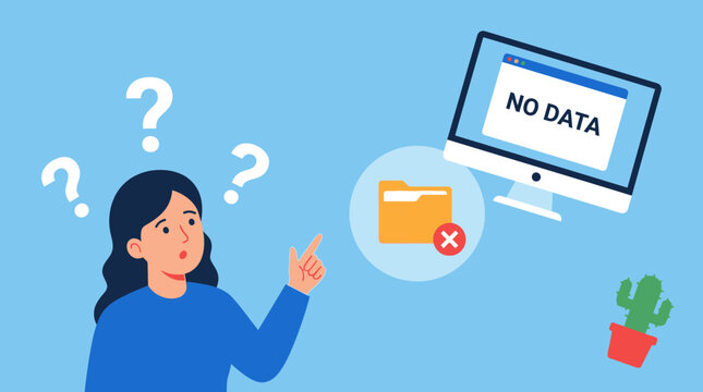 Woman confused by computer showing no data with questions and folder nearby