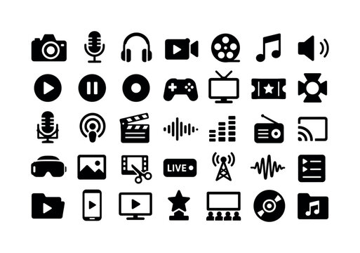 Media Entertainment icons set. Solid glyph icon set of media entertainment: camera, microphone, headphones, video, film reel, music note, speaker, play button, pause button, record icon, game