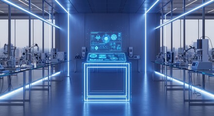 Fototapeta premium Futuristic blue illuminated display podium in a high-tech laboratory setting with glass surfaces, neon accents, and clean scientific vibes, empty, blue, geometric