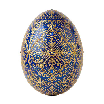 Blue decorative egg with golden pattern, cut out, stock png, isolated on transparent background