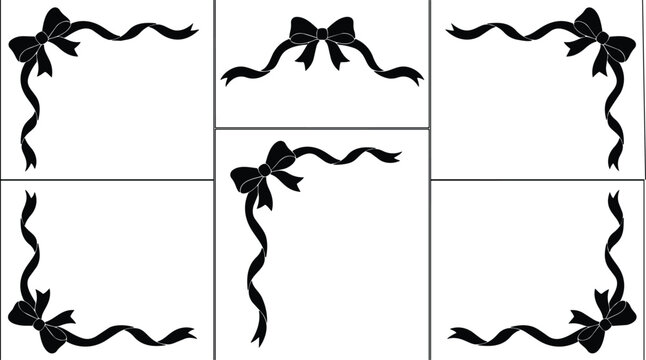 Black ribbon bow frames, gift tag borders, vector set, decorative elements, wrapping paper designs