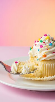 A gourmet vanilla cupcake with creamy white frosting and colorful sprinkles sits on a plate while a silver fork takes a delicious bite out, table, close-up, bakery