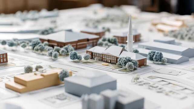 A detailed architectural model of a town layout featuring buildings, trees, and roads. The scene showcases a church, residential, and commercial structures.