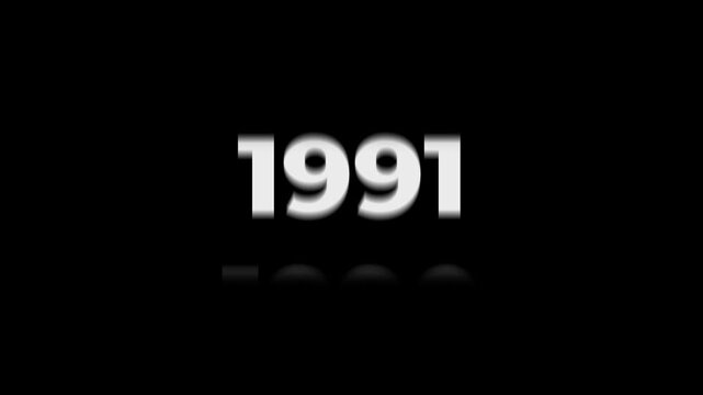 Reverse 43 year counter animation scrolling back from 2026 to 1983. White 3D text on black background. Going back in time flashback and history timeline motion graphics concept.
