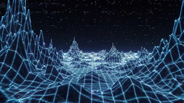Glowing wireframe landscape with floating neon cubes pulses across dark digital terrain, forming futuristic data grid peaks, particle bursts, and shifting abstract technology motion