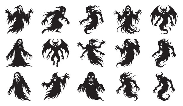 Halloween Silhouette Creepy Female Ghost and Monster Set