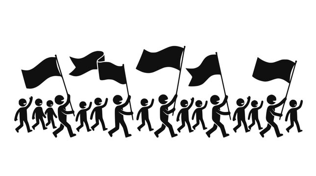 Protest march silhouette with black flags, crowd demonstration, vector illustration