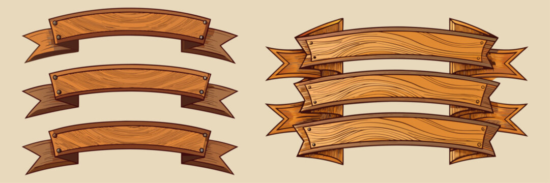 Wood Ribbon Banner Set &ndash; A collection of curved wooden-textured ribbon banners and scroll wraps, perfect for titles, labels, and decorative headers.