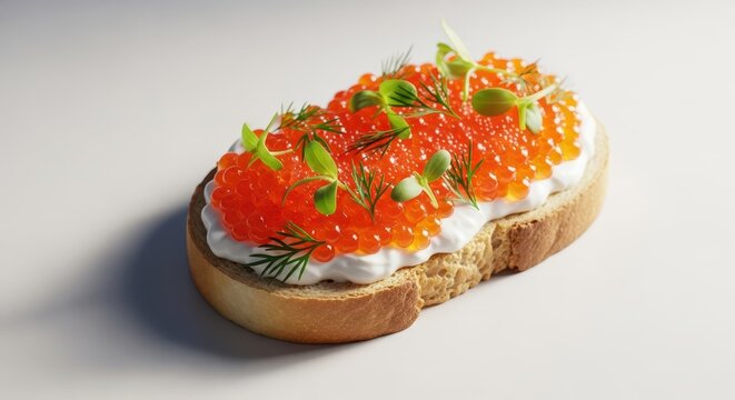 Toasted open-faced bread with a creamy spread, piled high with vibrant orange fish roe and delicate fresh green herbs, plated, red, healthy