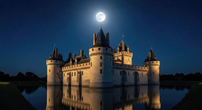 A majestic medieval stone castle stands under a bright full moon and starry sky, its ancient towers reflected in the calm waters of a moat, lighting, fantasy, fog