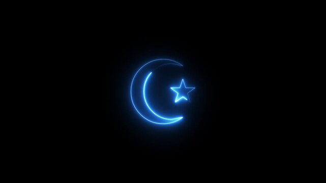 Neon cyan color moon star icon.Animation of neon light sign concept on black background.Color star and crescent sign icon.