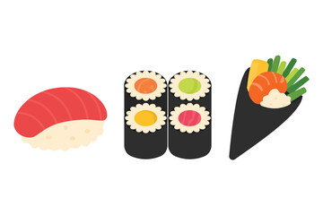 Japanese sushi variety set vector illustration. Flat cartoon combo with nigiri, maki, and temaki hand roll isolated on white background © bytaristudio