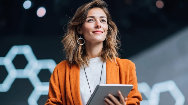 Confident businesswoman holding a tablet and looking up with a smile, ready for success