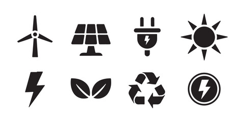 Set of clean energy icons featuring wind turbine solar panels lightning and recycling symbols. © StockDesign