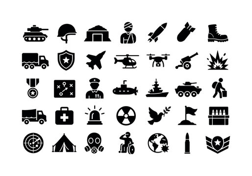 War Icons. Solid glyph icon set of war and military conflict: tank, soldier helmet, shelter, injured person, missile, bomb, combat boot, army truck, defense shield, military plane, helicopter, drone,