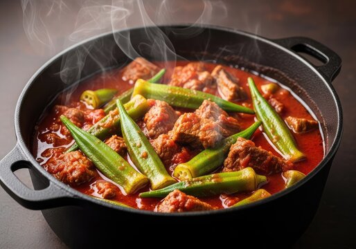 Fresh green okra pods and chunks of meat simmer in a savory tomato sauce within a cast iron pot, showcasing a hearty and aromatic meal, cooking, fresh, aromatic