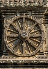 Fototapeta premium Ornate architectural stone wheel with symbolic carvings and spokes displayed on an aged temple exterior under natural outdoor daylight, ornate, traditional, carving