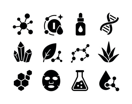 Beauty Ingredient Lab solid glyph icon set, create 12 fully filled black glyph icons showing skincare molecule, vitamin, serum bottle, collagen helix, crystal, antioxidant leaf, peptide chain, aloe,