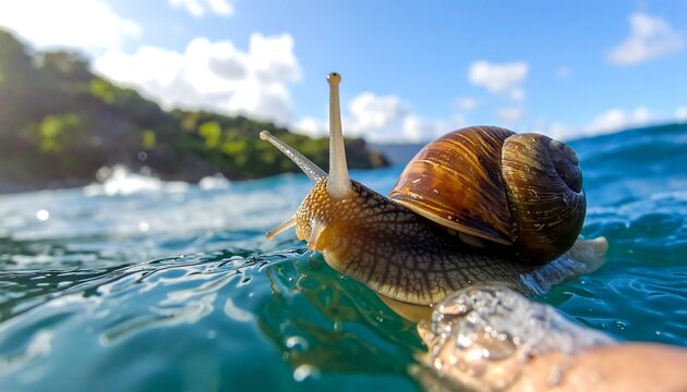 A snail with a brown shell swims on a branch in blue water