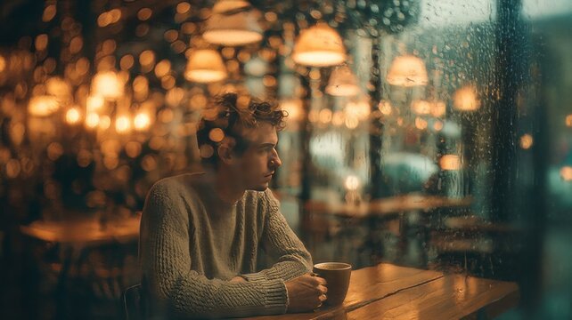 A man sitting pensively at a cafe table, looking out a window covered in raindrops, young man drinking coffee in cafe steadicam shot