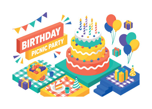 Birthday Picnic Party , oversized birthday cake with bold geometric depth, stepped blanket platforms, floating gift boxes and diagonal balloon clusters, coral and warm yellow with mint accents,