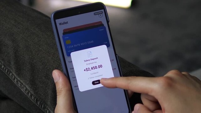 Seamless mobile banking interface for transaction review. A user opens a Salary Deposit receipt with a Status: Completed confirmation. Ideal for app design portfolios, fintech demos
