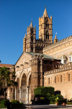 Portal and columns of the main entrance of Palermo Cathedral, located in Sicily, Italy.