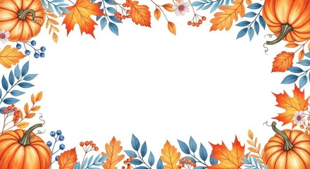 Fototapeta premium Elegant watercolor autumn border featuring rustic pumpkins, delicate blossoms, and fall leaves in warm orange and cool blue hues on white, border, gourd, corner