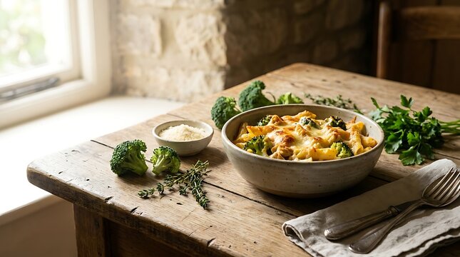 A delicious bowl of chicken broccoli ziti served on a rustic wooden table featuring freshly grated parmesan cheese, herbs, and a side of green vegetables.