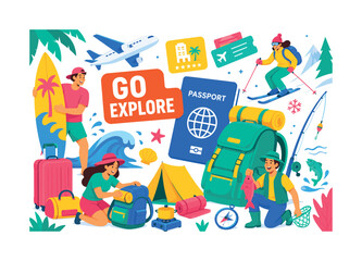 Fototapeta premium Travel Leisure Journey banner illustration, active recreation travel scene with oversized passport and hiking backpack, 2 expressive stylized human characters preparing beach, camping, skiing, and