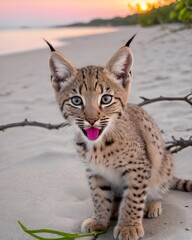 Naklejka premium A Balkan lynx genetic hybrid experiment fantasy animal, fictional species kitten in a calm beach shallows
