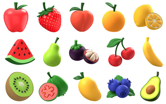 Vibrant 3D fruit collection, a colorful assortment of fresh produce, healthy food icons, and sweet fruit illustrations for nutrition and diet concepts