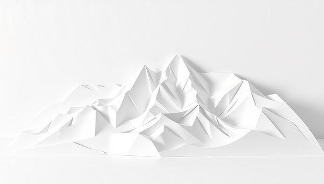 Minimalist papercraft mountain range sculpture on white background
