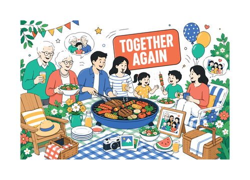 Family Reunion Garden. Editorial banner scene with grandparents, parents, and children gathered around an oversized picnic table and giant barbecue platter, garden chairs and picnic blanket stretching