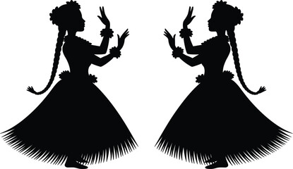Hawaiian hula dancer women silhouette vector illustration, traditional grass skirt dance performers set on white © Kaiyum