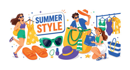 Fototapeta premium Summer Fashion Style banner scene with three expressive stylized human characters styling outfits around an oversized tote bag and giant sunglasses, summer hat reaching top edge, sandals touching