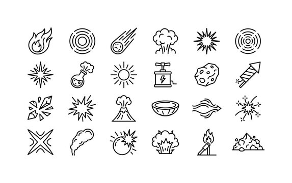 Blast Impact Lines. Line icon set of explosion and blast: fireball, shockwave ring, meteor, smoke cloud, energy burst, ripple wave, flash spark, chemical flask, sunburst, detonator box, cosmic rock,