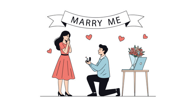 Romantic young man proposing on one knee with an engagement ring to his surprised girlfriend under a marry me banner.