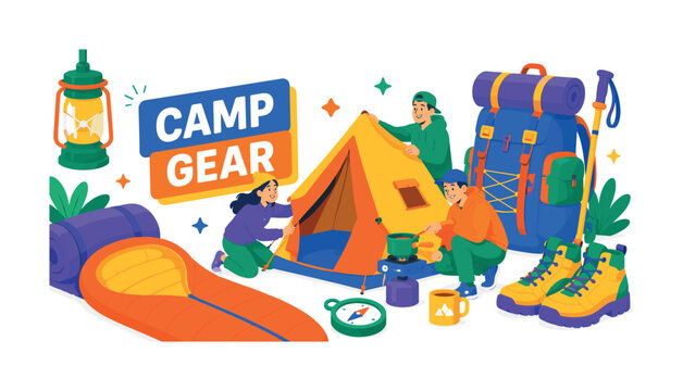 Camping Equipment Adventure banner scene with three expressive stylized human campers setting up an oversized tent and giant backpack, sleeping bag reaching bottom edge, lantern touching top edge,