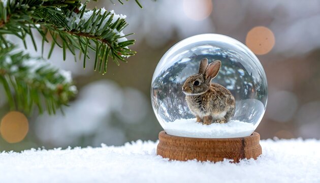 A snow globe with a small brown rabbit inside sits on a snowy surface under a pine tree
