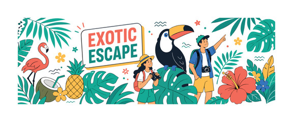 Fototapeta premium Exotic Paradise banner, clean editorial composition with one wide exotic island garden scene, 2 geometric explorers beside an oversized toucan and oversized monstera leaf, palm leaves, hibiscus,