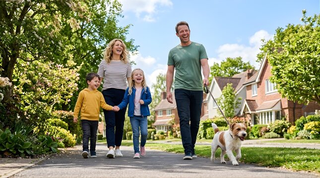Happy family with two children and dog walking in suburban neighborhood