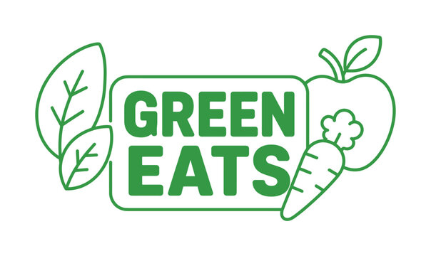 Vegetarian Outline Icons. Vegetarian Outline Icons banner with leaf, carrot, apple oversized, bold headline text GREEN EATS in rounded rectangle, white background vector. --negative
