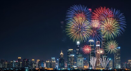 Fototapeta premium A spectacular display of colorful fireworks exploding in the dark sky above a modern metropolis with glowing skyscrapers and city lights, panorama, colorful, urban