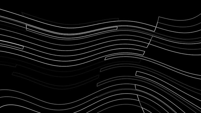 Abstract black background with flowing white wavy lines and segmented digital patterns.