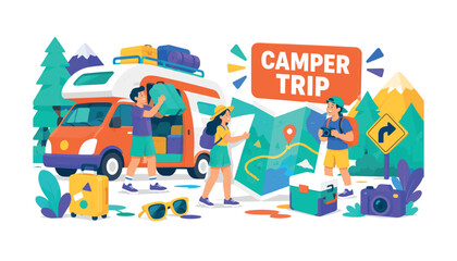 Fototapeta premium Camper Vacation wide panoramic website header banner with 3 expressive stylized travelers loading oversized campervan and giant folded travel map stretching edge to edge, with suitcase, camera, picnic