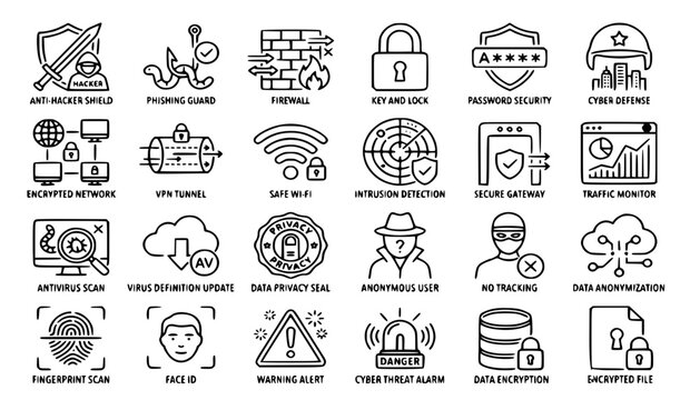 Modern Cyber Security Technology Vector Icon Set with Network Protection, Secure Data, Encryption, Privacy, Online Safety and Digital Protection Symbols