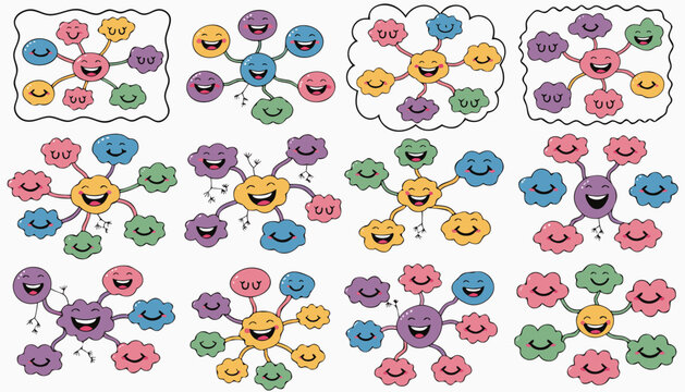 Naive Hand Drawn Mind Map Template Set with Smiling Faces Floral Elements Brainstorm Diagram Creative Thinking Planning Isolated Transparent
