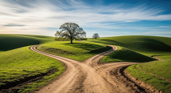 A winding dirt road splits into two directions at a rural junction surrounded by rolling green hills and a vast, bright afternoon sky, meadow, decision, vista