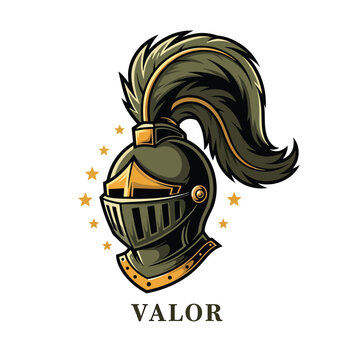 Vintage knight helmet with plume and stars emblem illustration.